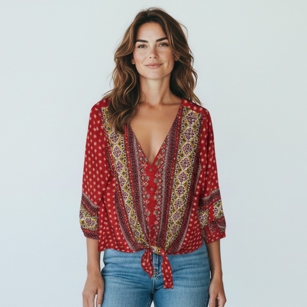 West Kei Womens Red Bohemian Floral Tie Front Roll Tab Blouse L Artist Eclectic